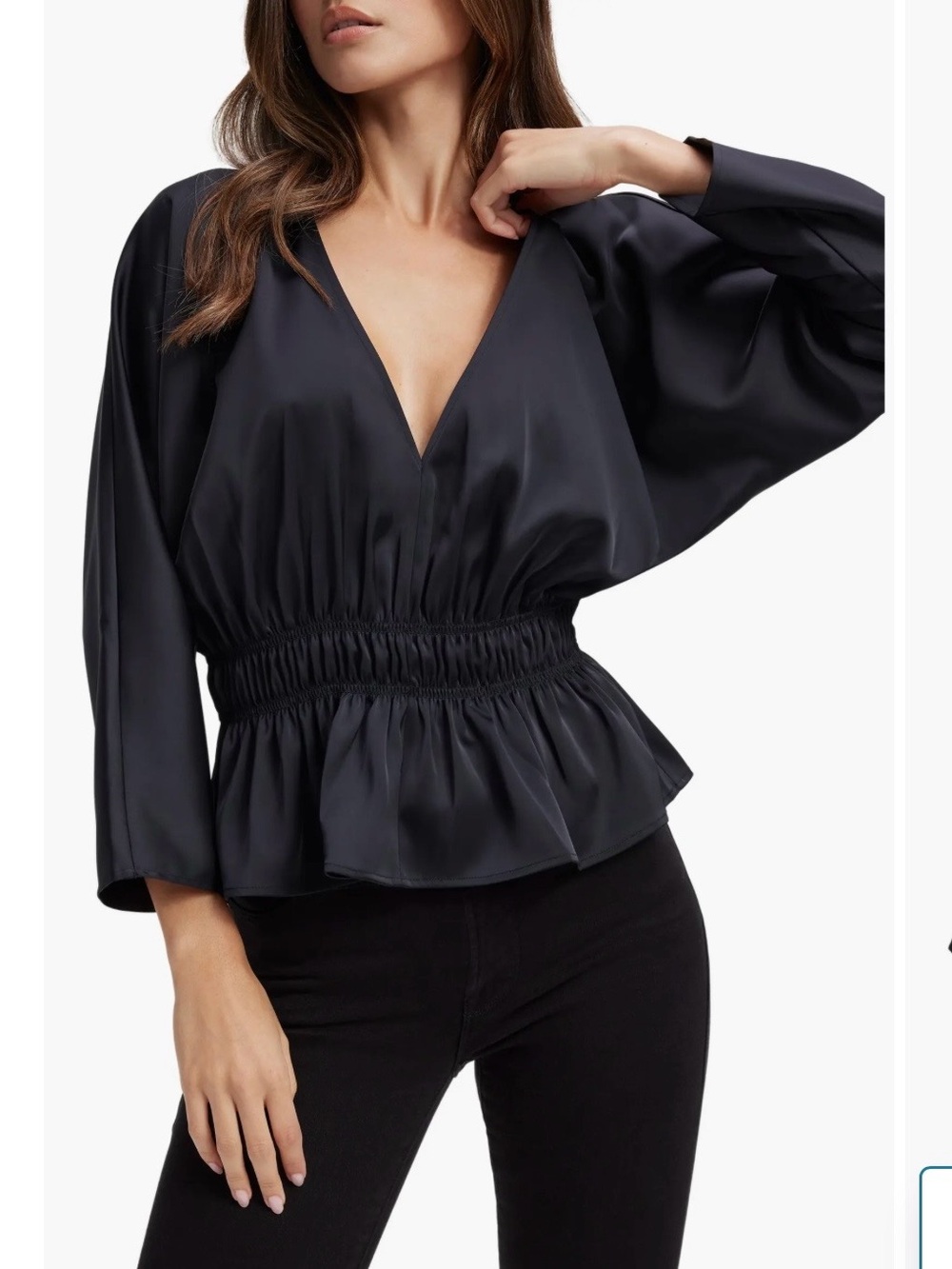 NWT! Good American Black Deep-V Neck- SZ 1=Small- Dolman Sleeve Satin Top Blouse